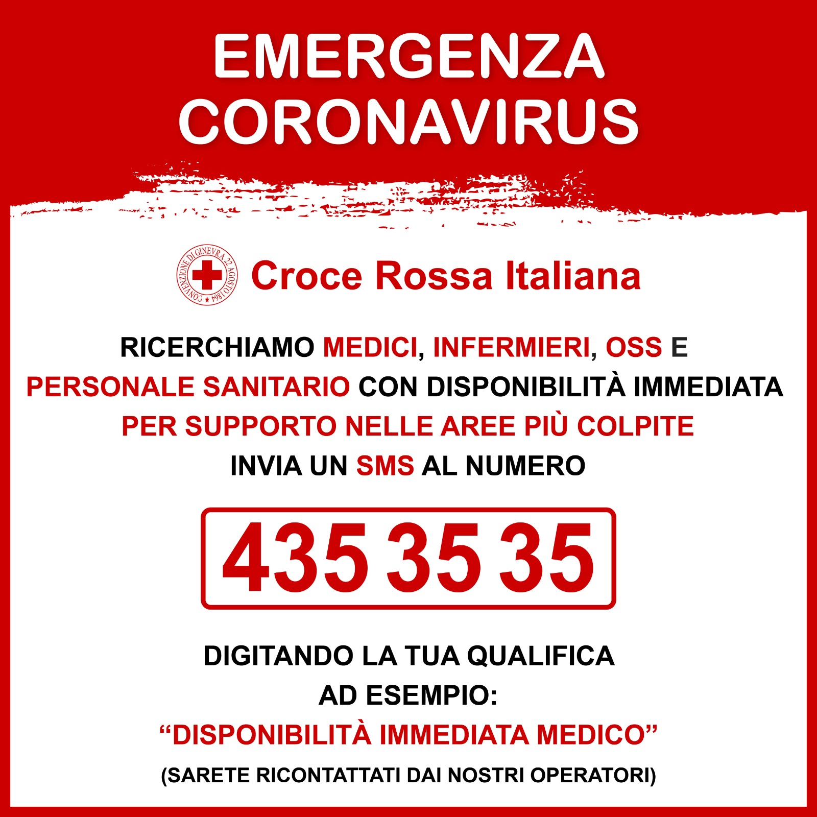 Coronavirus, l’appello della Croce Rossa: «Cerchiamo medici, infermieri e Oss per aree più colpite»