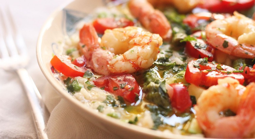 Risotto con sapori d’orto e salsa di crostacei